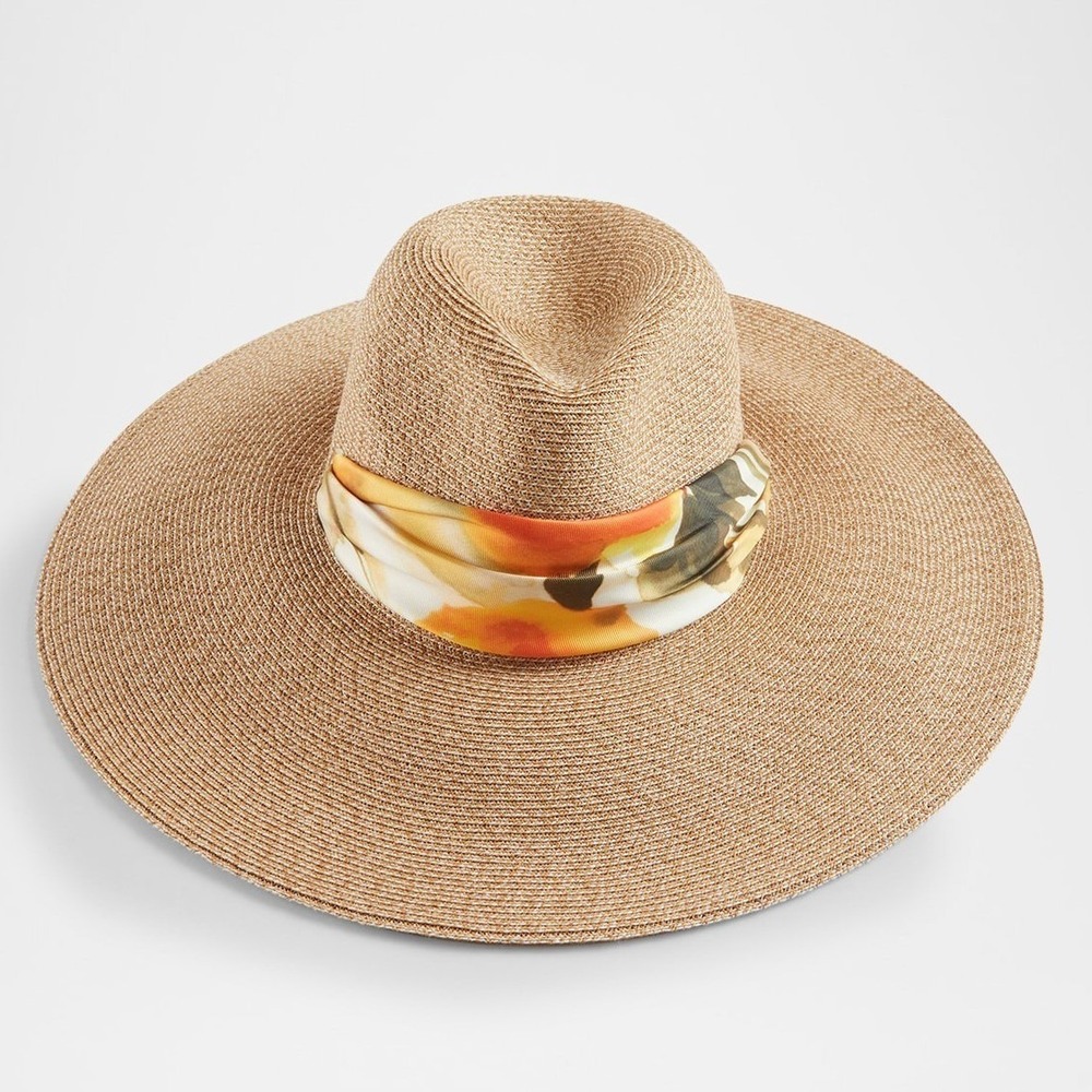 Eugenia Kim Womens Cassidy Straw Fedora Hat Floral Satin Scarf Ribbon Sun Resort